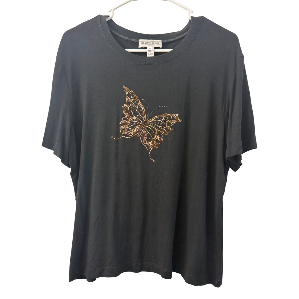 St. John Sport Womens XL Black Rhinestone Butterfly Graphic Tee Short Sleeve Top